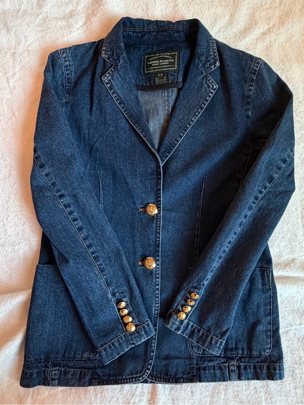 VTG Ralph Lauren Denim Blazer Jacket XS Gold Crest Button Equestrian